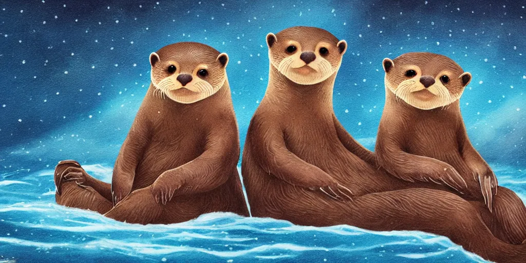 Prompt: A pair of adorable otters falling in love holding hands side by side All alone in a huge storm at sea, fantasy illustration, cinematic, dreamlike, Award winning, romance, detailed trending on art station masterpiece