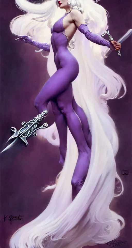 Image similar to frank frazetta painting of queen of hokra, silver white hair, violet long gown, full body, sorceress sword, soft lighting, trending on artstation, by huang guangjian and gil elvgren and sachin teng