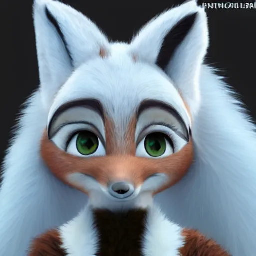 Image similar to anthropomorphic female fox with short white fur covering her body in the style of zootopia