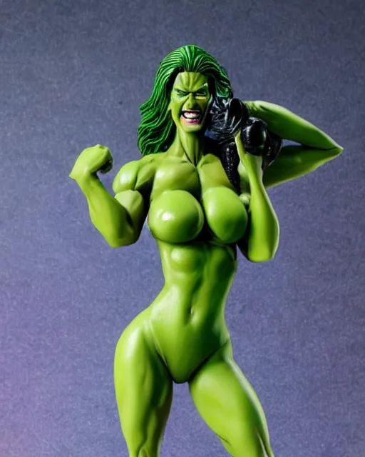 Image similar to maquette sculpture of the gorgeous she hulk, she is wearing a purple one piece swimsuit, she is tall, very fit and extremely muscular, she has green skin all over her body, long black shiny hair, hyperreal, highly detailed, in the style of sideshow collectibles, soft focus, bokeh