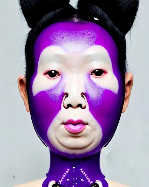 Image similar to symmetrical portrait of an asian woman wearing a silicone embroidered purple beauty mask and white hair buns, wearing a black bodysuit by alexander mcqueen, cream white background, soft light, biotechnology, humanoide robot, bjork aesthetic, translucent, by rineke dijkstra, intricate details, highly detailed, masterpiece,