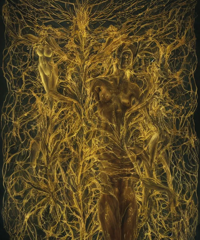 Prompt: Beautiful full-body wax sculpture of a glowing transparent infinite plant with women faces as leaves with visible gold bones covered with melted white wax inside the singularity where stars becoming baroque folds of dark matter of Samsara by Michelangelo da Caravaggio, Nicola Samori, William Blake, Alex Grey and Beksinski, dramatic volumetric lighting, highly detailed oil painting, the golden ratio intial composition, 8k, masterpiece