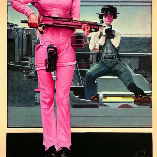 Prompt: Pink sci-fi woman with a gun. Norman Rockwell painting.