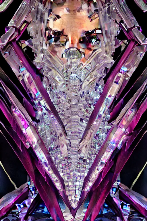 Image similar to hyperrealism, dreamland of chinese, ghost, sharp, slender and densely arranged teeth, futuristic, synthwave, art deco, expressive, dystopian, cyberpunk, mecha, halfturn portrait of a big crystal face made of crystals half - turn, ominous, intricate, oc rendered, art by alphonse mucha, concept art, 4 k, sharp focus