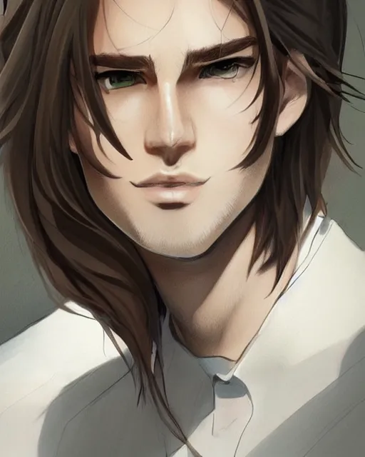 Image similar to face of a masculine young man with thin face lines, have long brown hair and green eyes, very beautiful portrait, low angle, realistic anime style and perfect art, trending on artstation, good and dramatic lighting