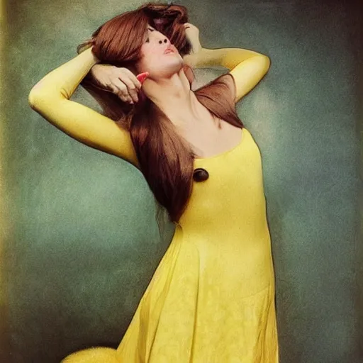 Image similar to elegant woman dressed up as pikachu, art photo by Annie Liebovitz and David Hamilton and Alphonse Mucha