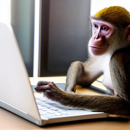 Prompt: Frustrated monkey sitting in front of computer and coding, bottle of rum is near the computer, Leonardo da Vinci painting