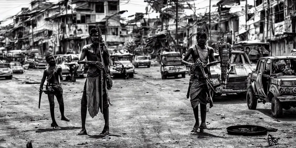 Image similar to sri lankan mad max style, city streets, film still, epic shot cinematography, rule of thirds