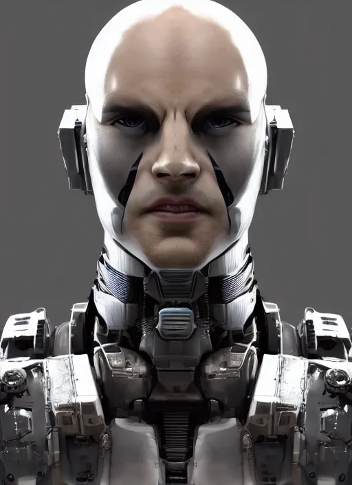 Image similar to bladerunner, cyberpunk, full head, angled facial portrait of a bone ceramic caliente mech humanoid robot Spanish ninja with an attractive bald head and handsome features, large glowing eyes, macho, piroca, dotado, guapo, reflective surface, overwatch, trending on cgsociety, trending on artstation