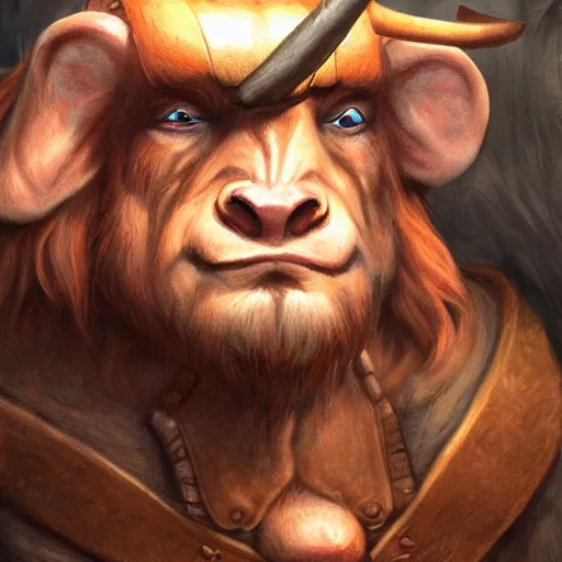 Image similar to Character portrait, face close up: Minotaur Male Cleric. Peace will conquer all. In the style of Ralph Horsley