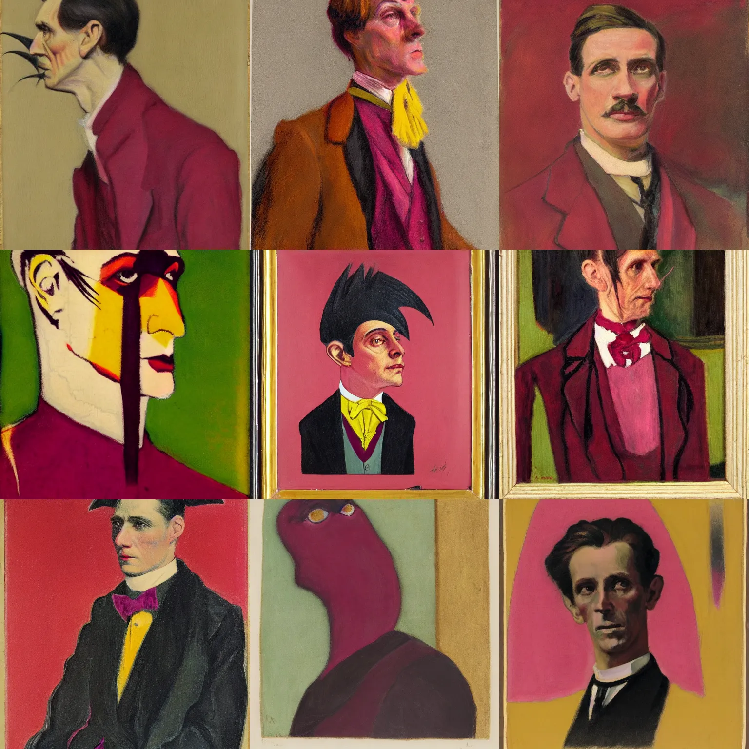Prompt: portrait in the style of american realism ( 1 9 1 1 ), long - necked human - crow creature, formal attire, quinacridone magenta, hansa yellow, and burnt umber