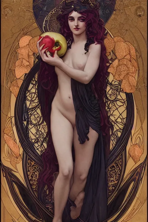 Image similar to Art Nouveau Lilith, Queen of the moon, Sensual occult esoteric woman holding an apple, full body image centered in frame, headshot, D&D, fantasy, highly detailed, digital painting, artstation, concept art, sharp focus, illustration, art by artgerm and greg rutkowski and alphonse mucha