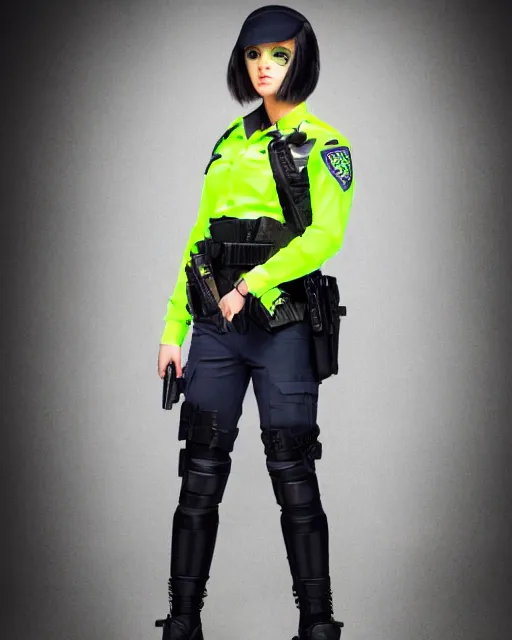 Prompt: young female police officer, neon, cyberpunk, futuristic clothing