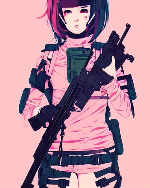 Prompt: girl with tactical gear, very anime!!! anime!! intricate details, aesthetically pleasing pastel colors, poster background, aesthetic details, art by conrad roset and ilya kuvshinov