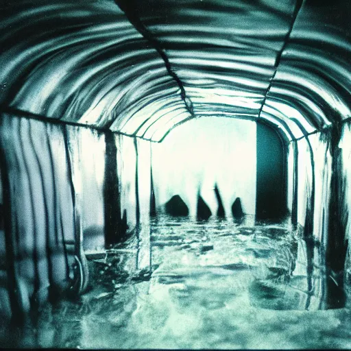 Image similar to color 35mm photograph of basement of floating distorted woman, liminal space, strange vibes, Fever Ray video by Stephen Gammell