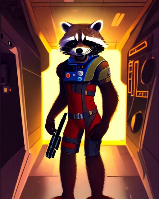 Prompt: detailed illustration of furry rocket the raccoon standing in the hallway of a space ship from guardians of the galaxy, wearing mass effect armor, holding a rocket launcher, soft volumetric lighting, cinematic, wlop, artgerm, craig mullins, disney, pixar, closeup portrait, confident action pose, octane