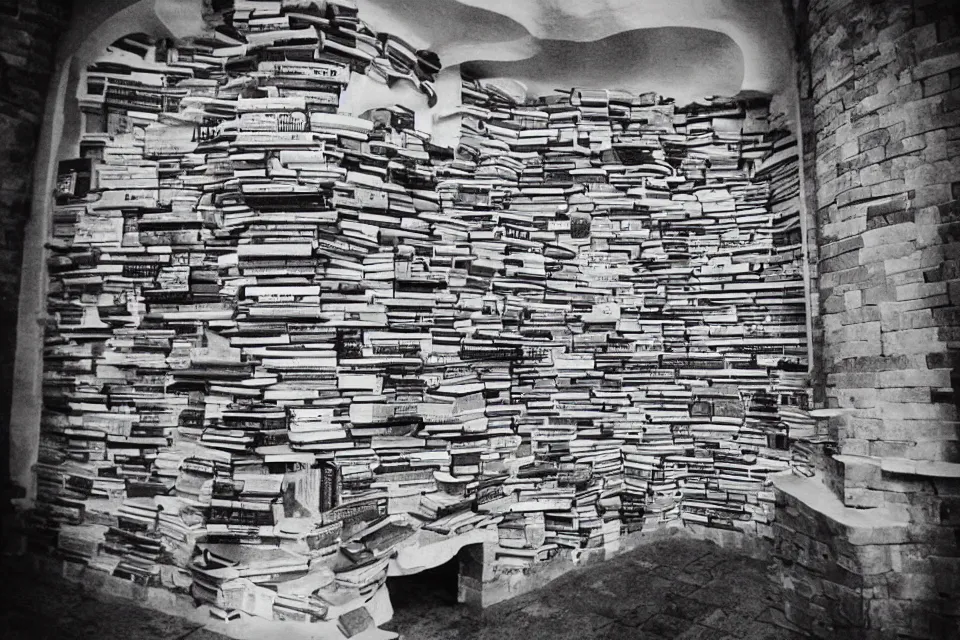 Prompt: a castle made of books, black and white photography