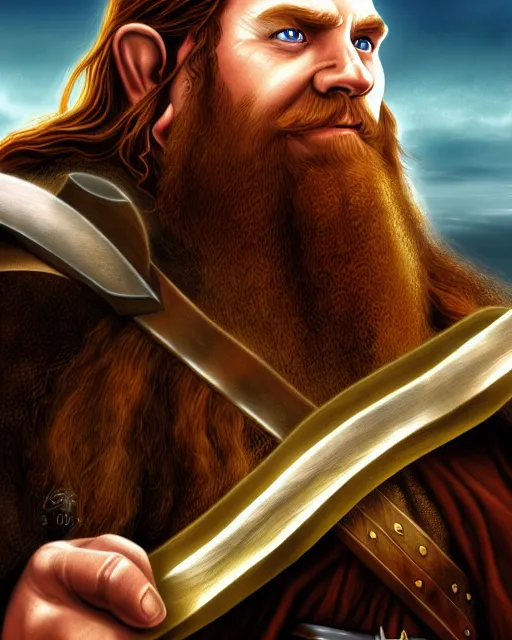 Prompt: Gimli from Lord of the rings, Cover art by Stephen Bliss, boxart, loading screen, 8K resolution