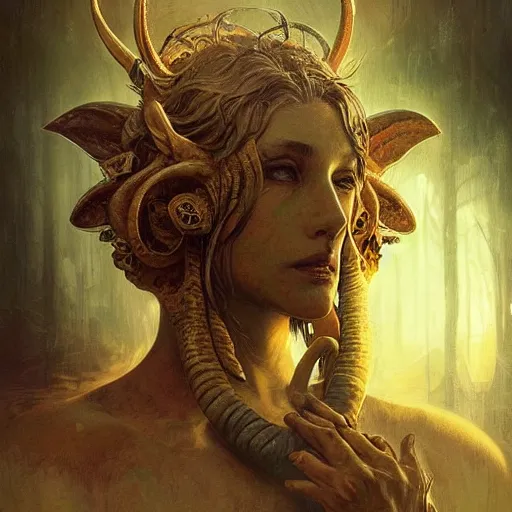 Prompt: Aries zodiac sign monster creature , dystopian mood, intricate, wild, highly detailed, digital painting, artstation, concept art, smooth, sharp focus, illustration, art by artgerm and greg rutkowski, and alphonse mucha