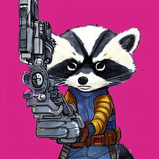 Image similar to racoon holding a laser gun, digital art, guardians of the galaxy style, centered award winning watercolor pen illustration, by caroline choi, edited by range murata