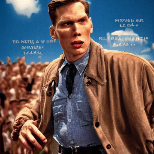 Image similar to Live Action Still of Jerma985 in a film in 1950s art style on a poster, realistic, highly detailed, epic, HD quality, 8k resolution, body and headshot, film still