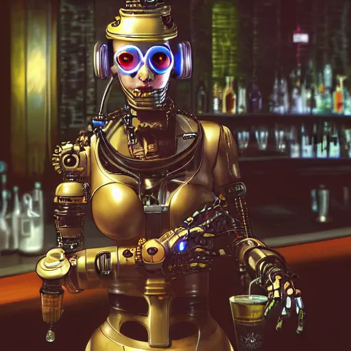 Image similar to a steampunk cyberpunk robot is at the bar and orders a drink from a bartender TY beanie baby puppy (fluffy), cgsociety, old master.