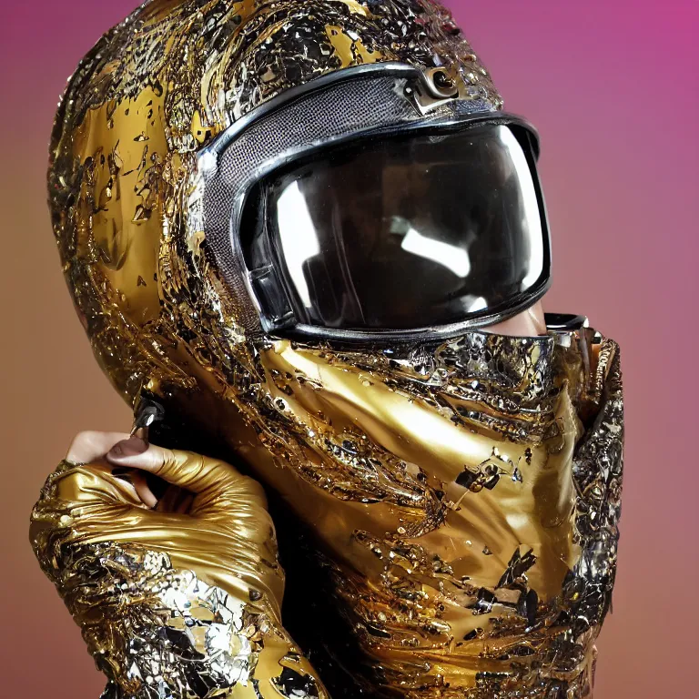 Prompt: extreme close - up portrait octane render by wayne barlow and carlo crivelli and glenn fabry, a dignified older italian techno musician wearing a massive shiny reflective gold and glass and digital displays helmet and a colorful patterned latex suit, sitting in a charming vintage upscale colorful pastel bohemian elegant boutique hotel with beautiful wallpaper, very short depth of field, bokeh