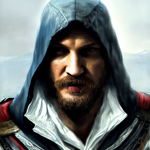 Prompt: tom hardy in assassins creed portrait, dramatic light, lake background, 2 0 0 mm focal length, painted by stanley lau, painted by greg rutkowski, painted by stanley artgerm, digital art, trending on artstation