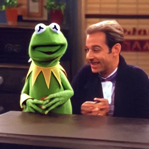 Image similar to screengrab of kermit as guest on seinfeld