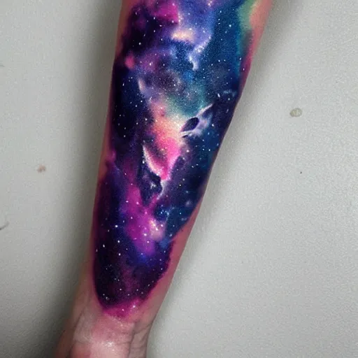 Image similar to A galaxy wolf shaped nebula watercolor tattoo, advanced,