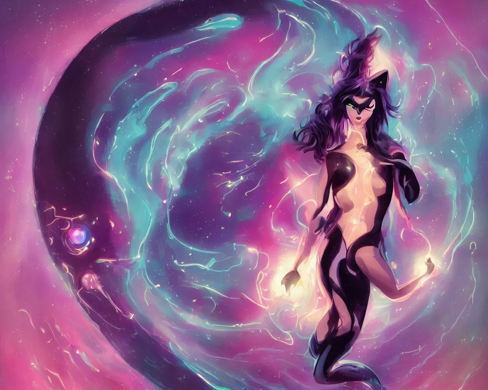 Image similar to beautiful whimsical cat woman standing in a lake in the moonlight, using magic, under a multi-colored binary blackhole with an accretion disc, glowing trails following her arms, wearing professional makeup, acidwave, by Lois van Baarle, by Greg Rutkowski, by artgerm, by beeple, by studio ghibli, cinematic angle, volumetric lighting, 4k resolution, octane render, trending on artstation, masterpiece