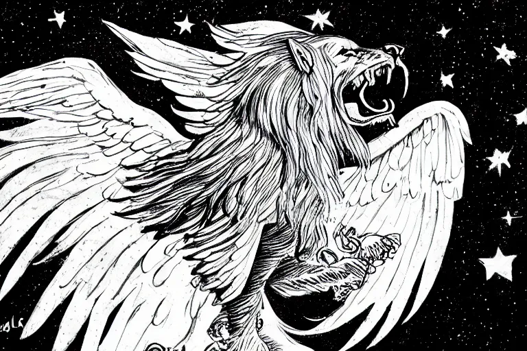 Image similar to angelic majestic winged lioness flying in outer space, black and white ink on paper, thick thick thick outlines, 8k high quality detailed art, trending on art station, super wide angel, manga art, by Eiichiro Oda