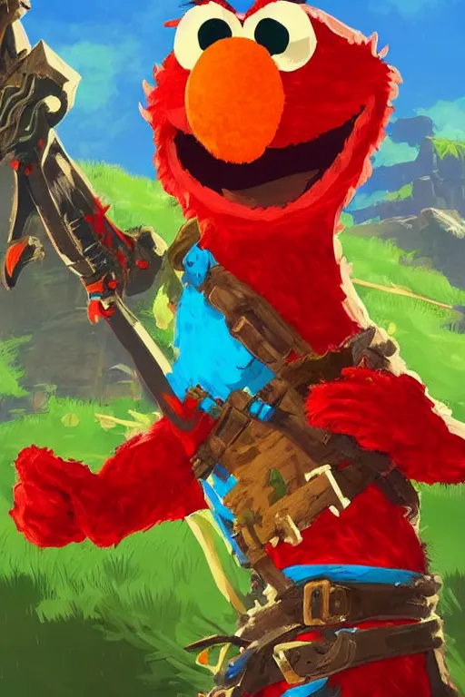 Image similar to an in game portrait of elmo from the legend of zelda breath of the wild, breath of the wild art style.