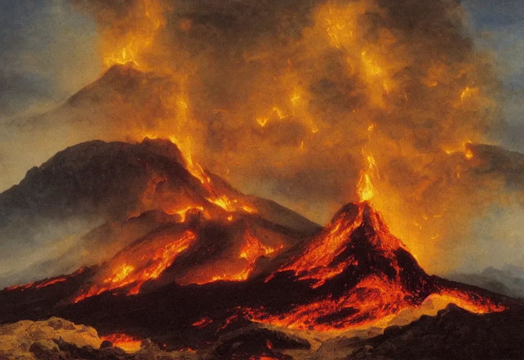 Image similar to a beautiful painting of a volcano oozing lava, pyroclastic clouds forming by albert bierstadt, high resolution, excellent contrast, morning