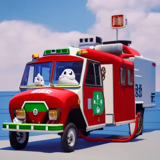 Image similar to big chungus meme, anthropomorphic ambulance shaped like big chungus, fat bugs bunny shaped ambulance, highly detailed 3 d render, unreal engine 5