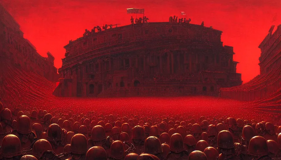 Image similar to only with red, a lightly armored gladiator in a crowded roman amphitheatre, crowd cheering, in the style of beksinski and edward hopper and rodcenko and yue minjun and cory loftis, intricate and epic composition, red by caravaggio, highly detailed, masterpiece, red light, artstation, art nouveau