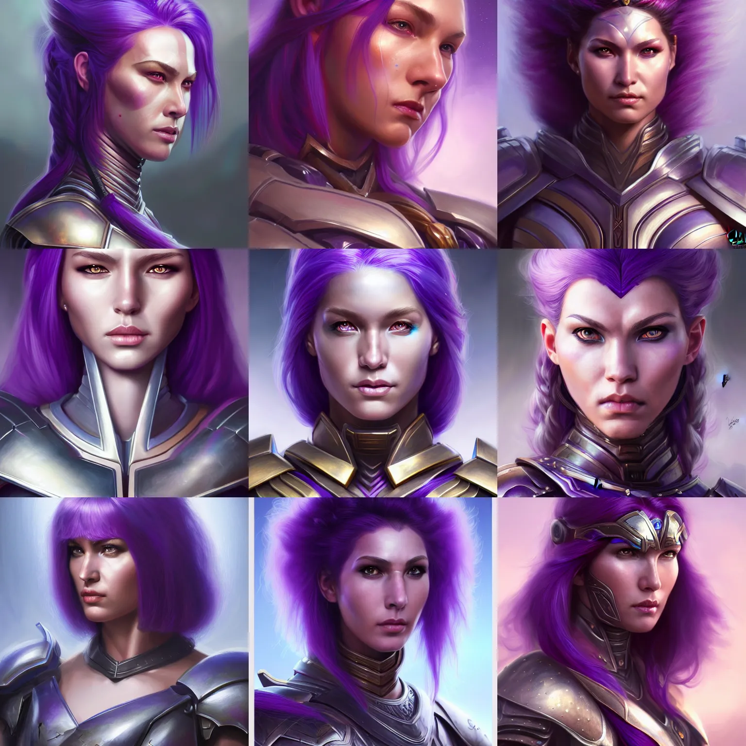 Prompt: a portrait of a very beautiful warrior woman in futuristic battle armor, Alexandria\'s genesis, chin-length purple hair, bored, illustration, soft lighting, soft details, painting oil on canvas by mark arian by artgerm, trending on artstation, 4k, 8k, HD