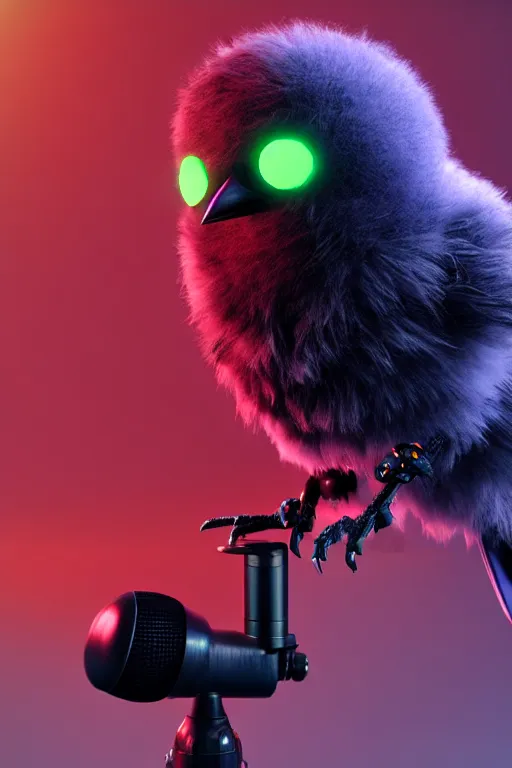 Image similar to high quality 3 d render very cute fluffy cyborg crow! sings into microphone, cyberpunk highly detailed, unreal engine cinematic smooth, in the style of blade runner & detective pikachu, hannah yata charlie immer, moody light, low angle, uhd 8 k, sharp focus