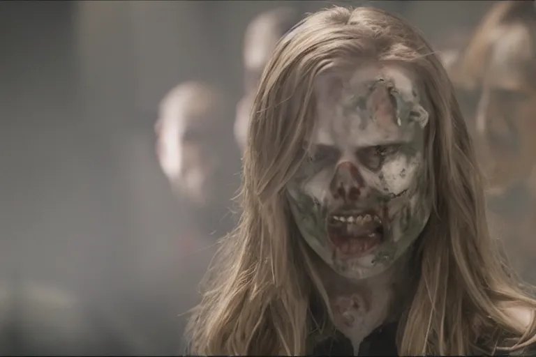 Prompt: film still of zombie zombie Sharon Carter as a zombie in new avengers movie, 4k