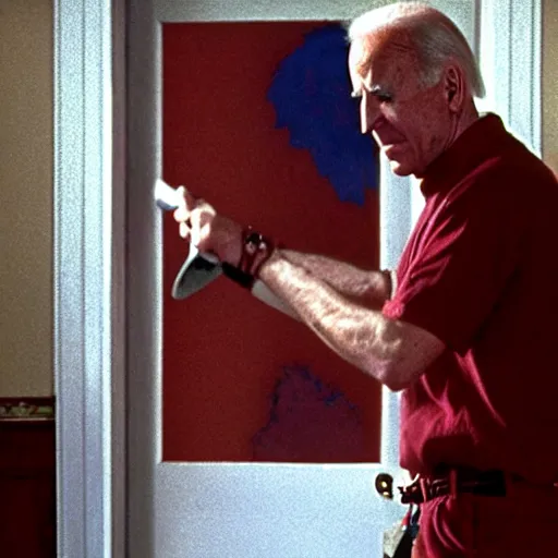 Prompt: Joe Biden breaking down door with axe in the movie the Shining