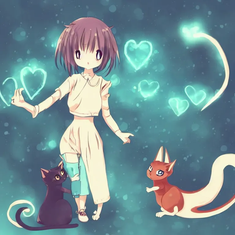 Image similar to cute, full body, female, anime style, a cat girl patting a small dragon, large eyes, beautiful lighting, sharp focus, simple background, creative, heart effects, filters applied, illustration