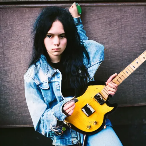 Image similar to 19-year-old girl with long shaggy black hair, wearing denim jacket and bell-bell-bottom jeans, playing electric guitar, stoner metal concert, heavy blues rock, doom metal, 30mm photography