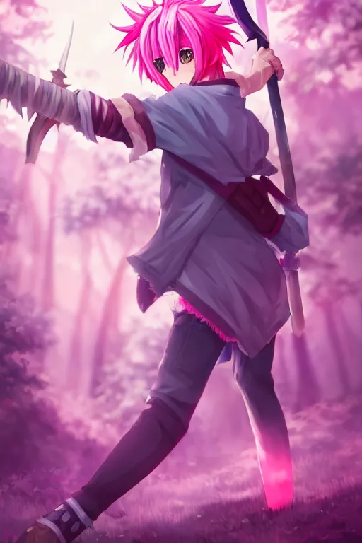 Image similar to a beautiful fullbody portrait of a cute male anime boy with pink hair, wearing a cool outfit, barefoot, wielding a sword in battle position, in a forest, at night. ambient occlusion, volumetric light, detailed, realistic, fantasy character, rendered in octane