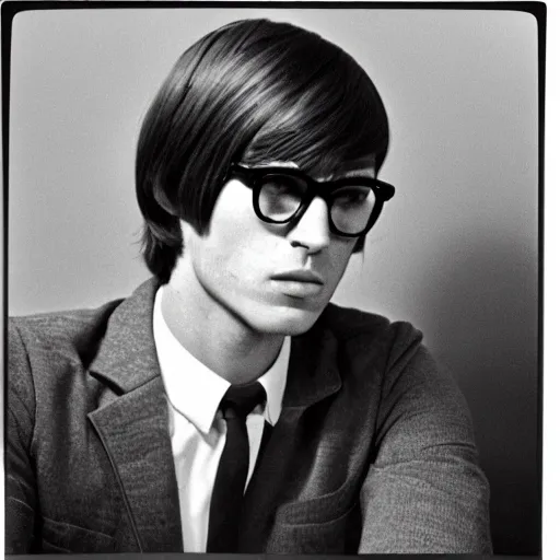 Prompt: A photograph portrait of Jerma985 with short-medium length hair with bangs wearing late 1960s menswear and glasses in the late 1960s, taken in the early 1960s, grainy, taken on a 1960s Kodak Camera, realistic, hyperrealistic, very realistic, highly detailed, very detailed, extremely detailed, detailed, digital art, trending on artstation, colorized photo