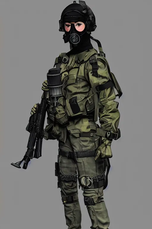 Image similar to british sas female operative with the standard s 1 0 gas mask and the black uniform, 8 0 s, artstation, trending on artstation, establishing shot