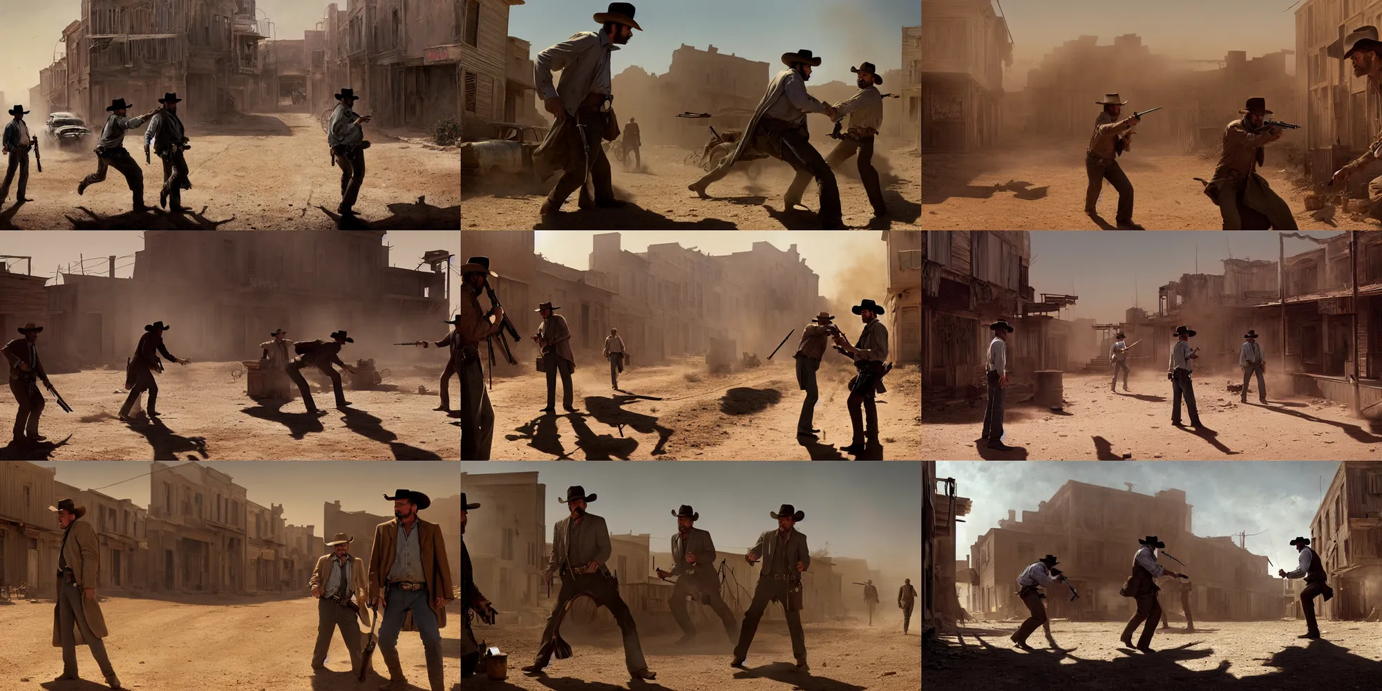 Prompt: a detailed ultra wide cinematic painting of an old west duel between two gunmen in the dusty street of an abandoned farwest town, high noon, 8 k, contrasted lighting and shadows, short focal, fisheye lens, 2 : 3 5 ratio, cinematography by sergio leone, digital painting, art by craig mullins and greg rutkowski and cedric peyravernay