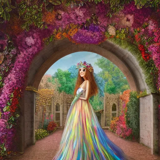 Prompt: Queen of the Fae wearing a crown of flowers and brocaded sleeveless gown, inside, archways, intricate brickwork, highly detailed, colorful, hyper realism, 4k