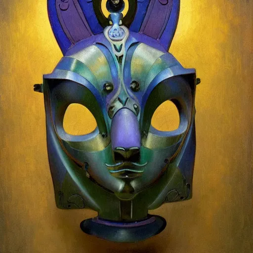 Prompt: beautiful ornate mechanical robot cat head mask, by annie swynnerton and diego rivera and nicholas roerich and jean delville, symbolist, dramatic lighting, god rays, elaborate geometric ornament, art brut, colors are soft greens and blues and purple, smooth, sharp focus, extremely detailed, adolf wolfli and ( donato giancola )