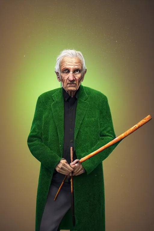 Prompt: portrait of an old man wearing layered black clothes with an elaborate walking stick that emits a soft green glow from an emerald at the top in an orange environment, Atmosphere. Realistic. Concept art. V-ray. Ultra HD. 8K. Sharp details. 50mm. f/3.5.