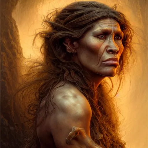 Image similar to portrait of beautiful neanderthal woman. gritty texture. highly detailed, centered, digital painting, artstation, concept art, smooth, sharp focus, golden hour, illustration, artgerm, tomasz alen kopera, peter mohrbacher, donato giancola, joseph christian leyendecker, frank frazetta, boris vallejo